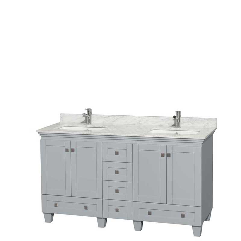 Acclaim 60" Double Bathroom Vanity in Oyster Gray, White Carrera Marble Countertop, Undermount Square Sinks and No Mirrors