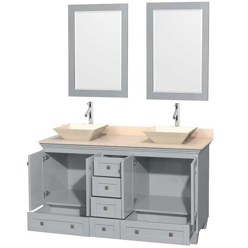 Acclaim 60" Double Bathroom Vanity in Oyster Gray, Ivory Marble Countertop, Pyra Bone Porcelain Sinks and 24" Mirrors 2