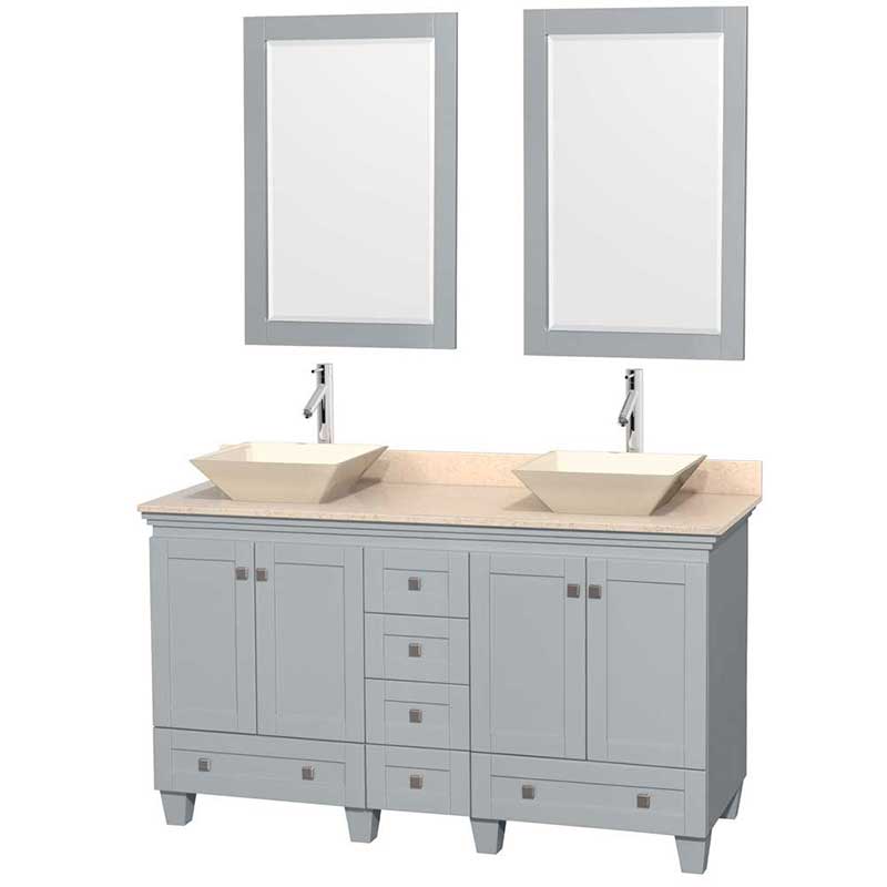 Acclaim 60" Double Bathroom Vanity in Oyster Gray, Ivory Marble Countertop, Pyra Bone Porcelain Sinks and 24" Mirrors
