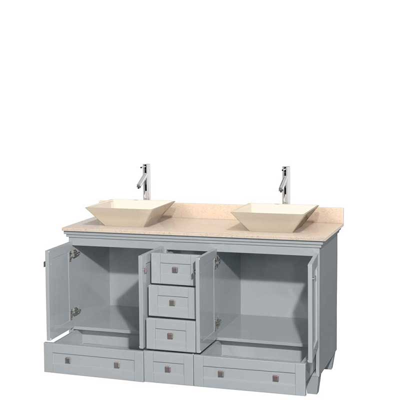 Acclaim 60" Double Bathroom Vanity in Oyster Gray, Ivory Marble Countertop, Pyra Bone Porcelain Sinks and No Mirrors 2