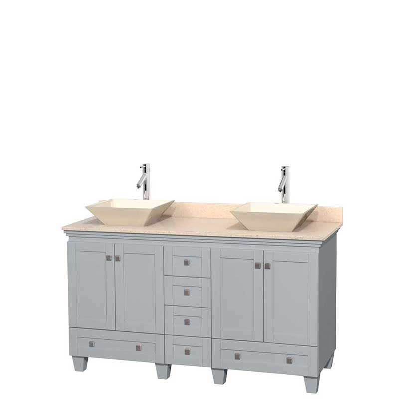 Acclaim 60" Double Bathroom Vanity in Oyster Gray, Ivory Marble Countertop, Pyra Bone Porcelain Sinks and No Mirrors