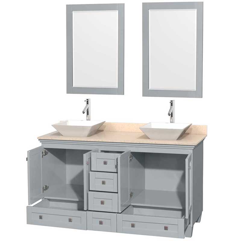 Acclaim 60" Double Bathroom Vanity in Oyster Gray, Ivory Marble Countertop, Pyra White Porcelain Sinks and 24" Mirrors 2