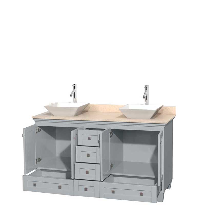 Acclaim 60" Double Bathroom Vanity in Oyster Gray, Ivory Marble Countertop, Pyra White Porcelain Sinks and No Mirrors 2