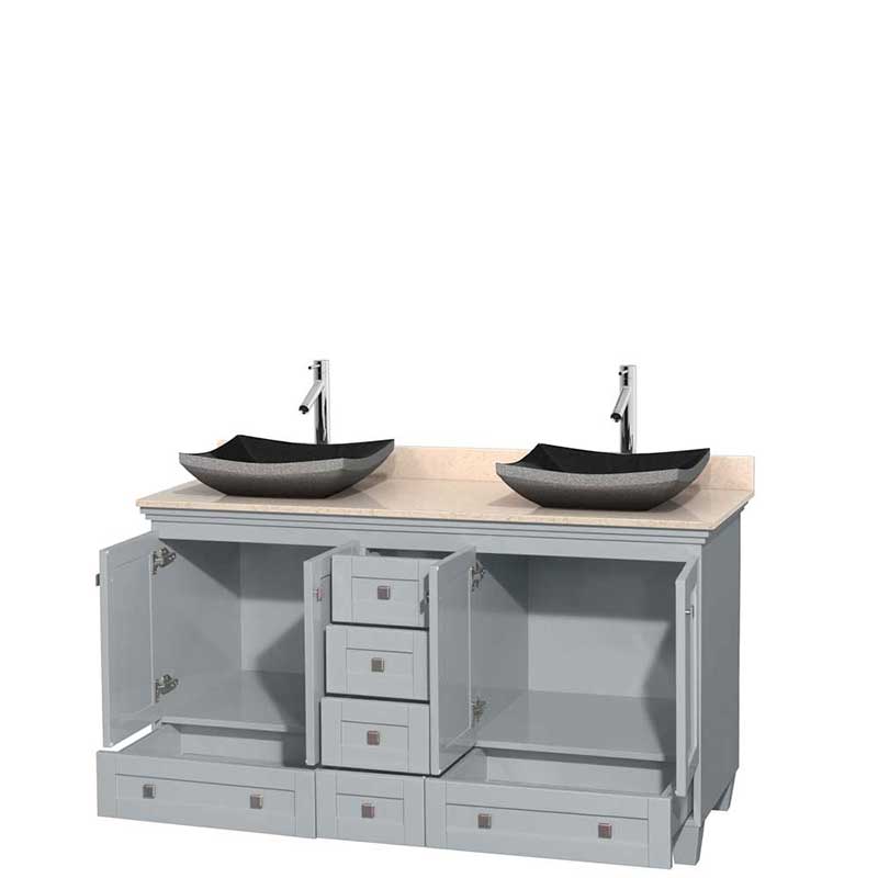 Acclaim 60" Double Bathroom Vanity in Oyster Gray, Ivory Marble Countertop, Altair Black Granite Sinks and No Mirrors 2