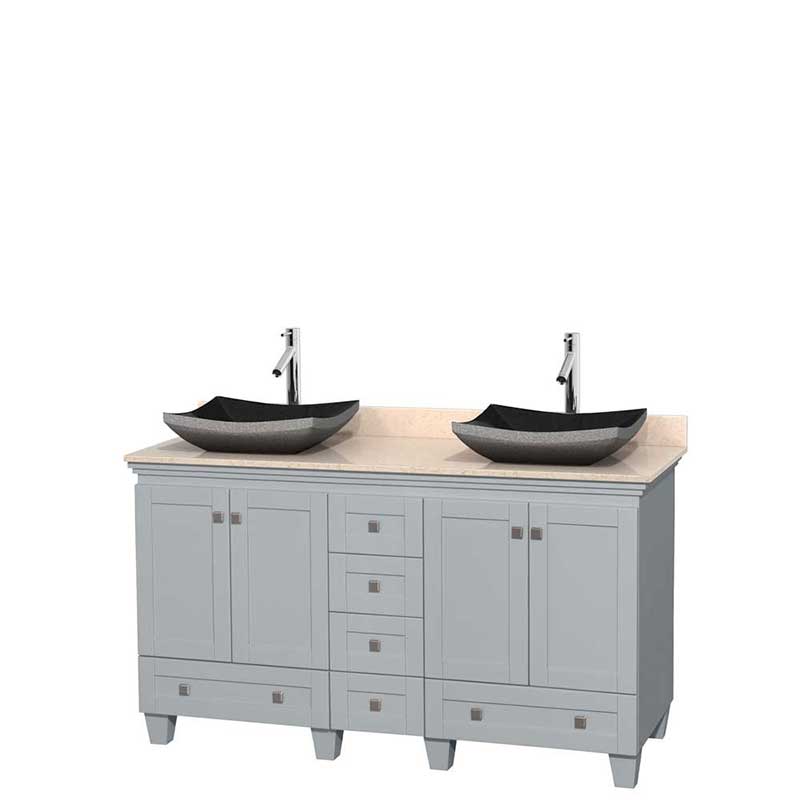 Acclaim 60" Double Bathroom Vanity in Oyster Gray, Ivory Marble Countertop, Altair Black Granite Sinks and No Mirrors
