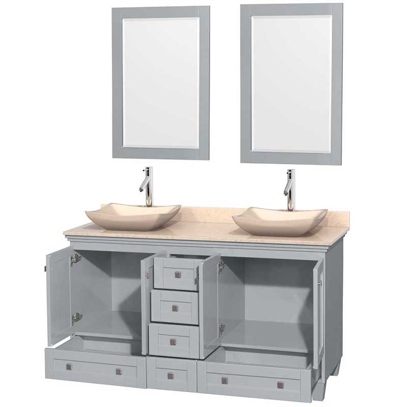 Acclaim 60" Double Bathroom Vanity in Oyster Gray, Ivory Marble Countertop, Avalon Ivory Marble Sinks and 24" Mirrors 2