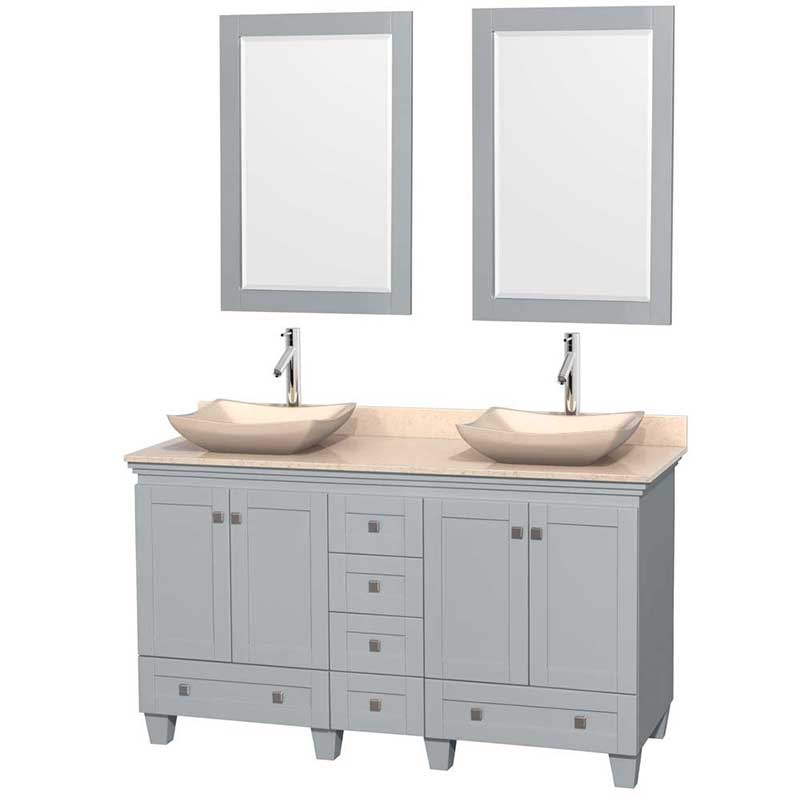 Acclaim 60" Double Bathroom Vanity in Oyster Gray, Ivory Marble Countertop, Avalon Ivory Marble Sinks and 24" Mirrors