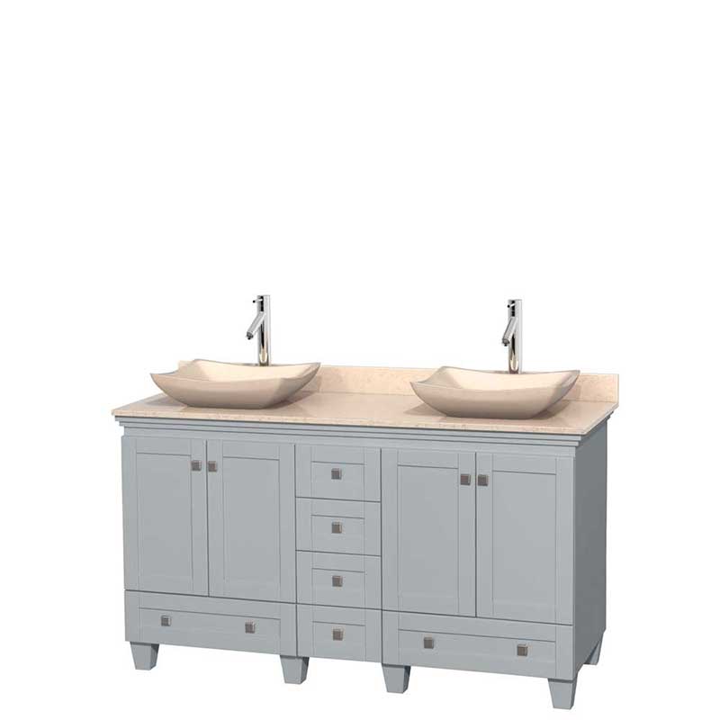 Acclaim 60" Double Bathroom Vanity in Oyster Gray, Ivory Marble Countertop, Avalon Ivory Marble Sinks and No Mirrors