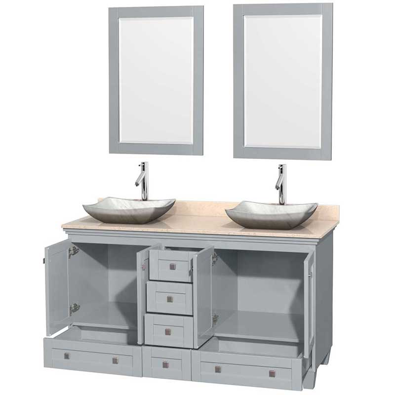 Acclaim 60" Double Bathroom Vanity in Oyster Gray, Ivory Marble Countertop, Avalon White Carrera Marble Sinks and 24" Mirrors 2