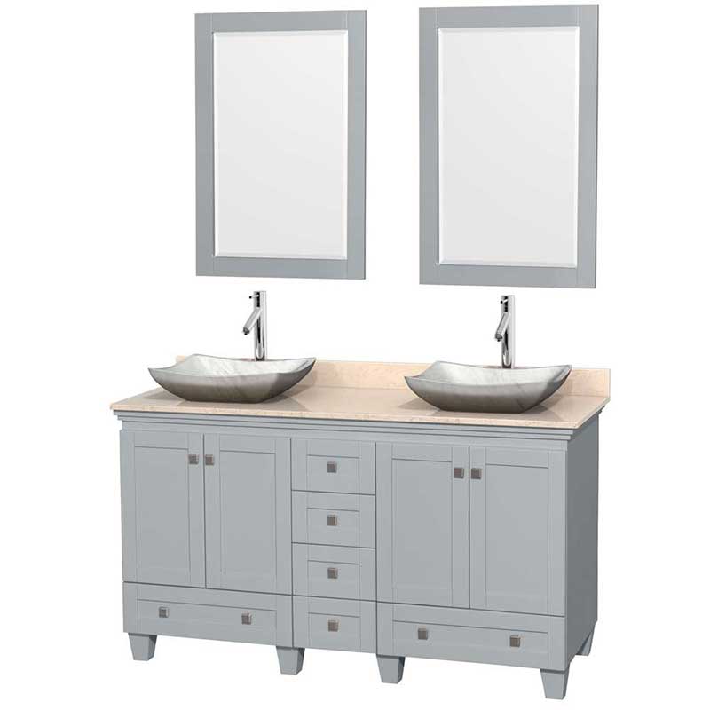 Acclaim 60" Double Bathroom Vanity in Oyster Gray, Ivory Marble Countertop, Avalon White Carrera Marble Sinks and 24" Mirrors