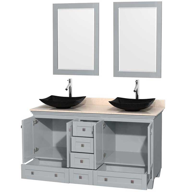 Acclaim 60" Double Bathroom Vanity in Oyster Gray, Ivory Marble Countertop, Arista Black Granite Sinks and 24" Mirrors 2