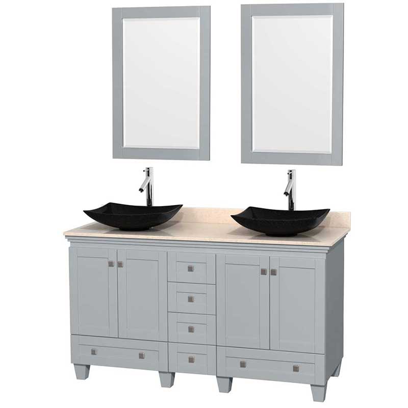 Acclaim 60" Double Bathroom Vanity in Oyster Gray, Ivory Marble Countertop, Arista Black Granite Sinks and 24" Mirrors