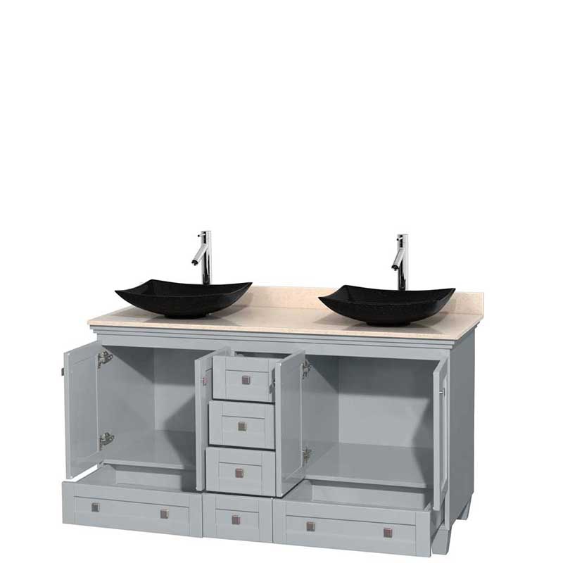 Acclaim 60" Double Bathroom Vanity in Oyster Gray, Ivory Marble Countertop, Arista Black Granite Sinks and No Mirrors 2