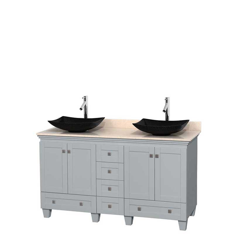 Acclaim 60" Double Bathroom Vanity in Oyster Gray, Ivory Marble Countertop, Arista Black Granite Sinks and No Mirrors