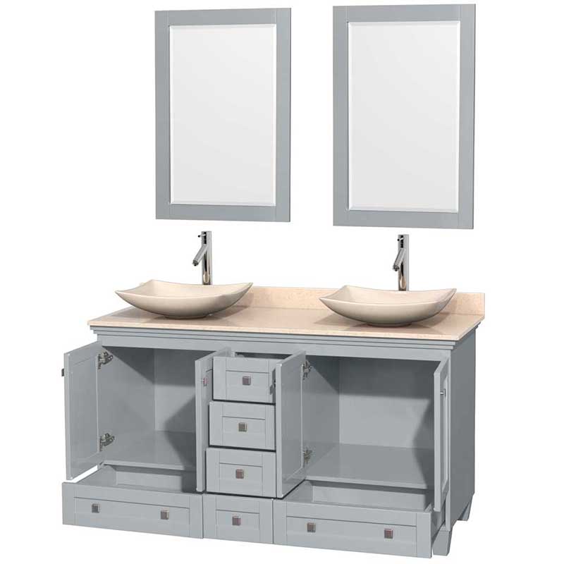 Acclaim 60" Double Bathroom Vanity in Oyster Gray, Ivory Marble Countertop, Arista Ivory Marble Sinks and 24" Mirrors 2