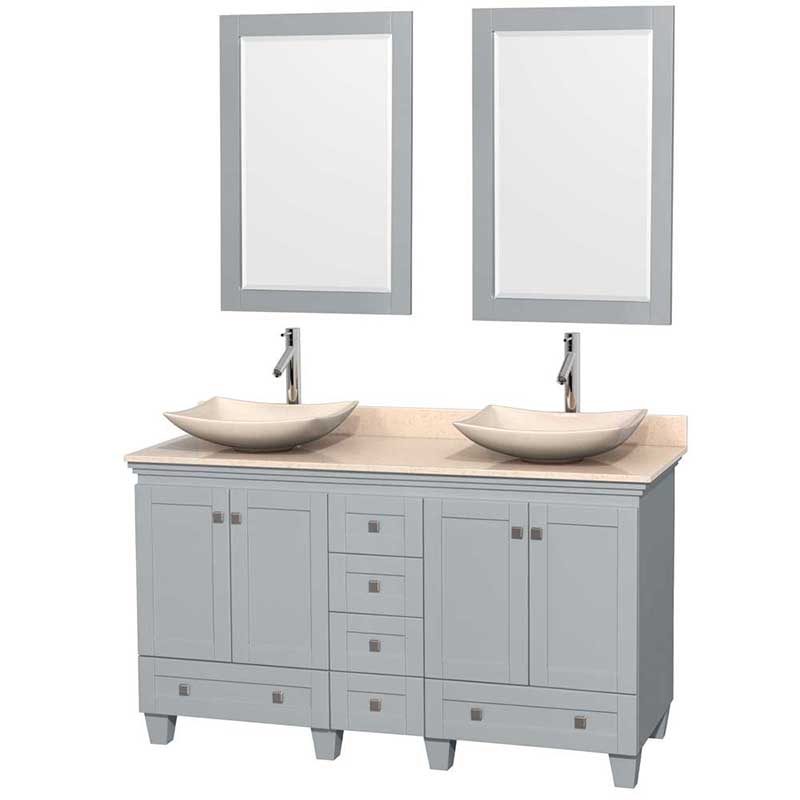 Acclaim 60" Double Bathroom Vanity in Oyster Gray, Ivory Marble Countertop, Arista Ivory Marble Sinks and 24" Mirrors