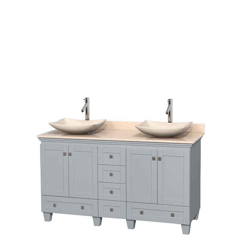 Acclaim 60" Double Bathroom Vanity in Oyster Gray, Ivory Marble Countertop, Arista Ivory Marble Sinks and No Mirrors