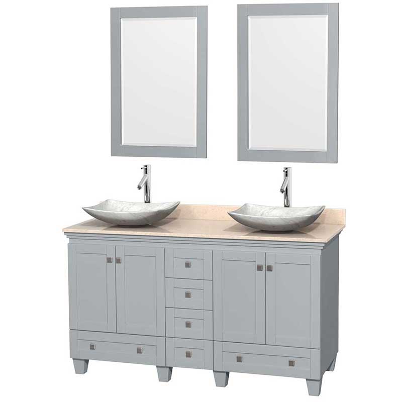 Acclaim 60" Double Bathroom Vanity in Oyster Gray, Ivory Marble Countertop, Arista White Carrera Marble Sinks and 24" Mirrors