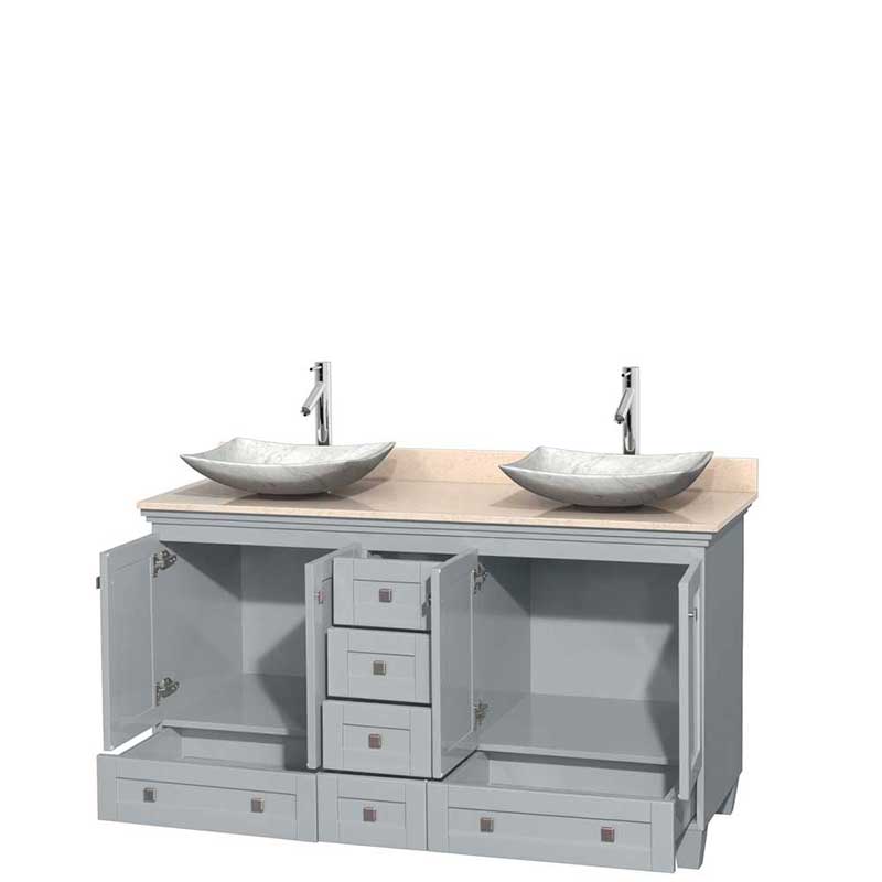 Acclaim 60" Double Bathroom Vanity in Oyster Gray, Ivory Marble Countertop, Arista White Carrera Marble Sinks and No Mirrors 2