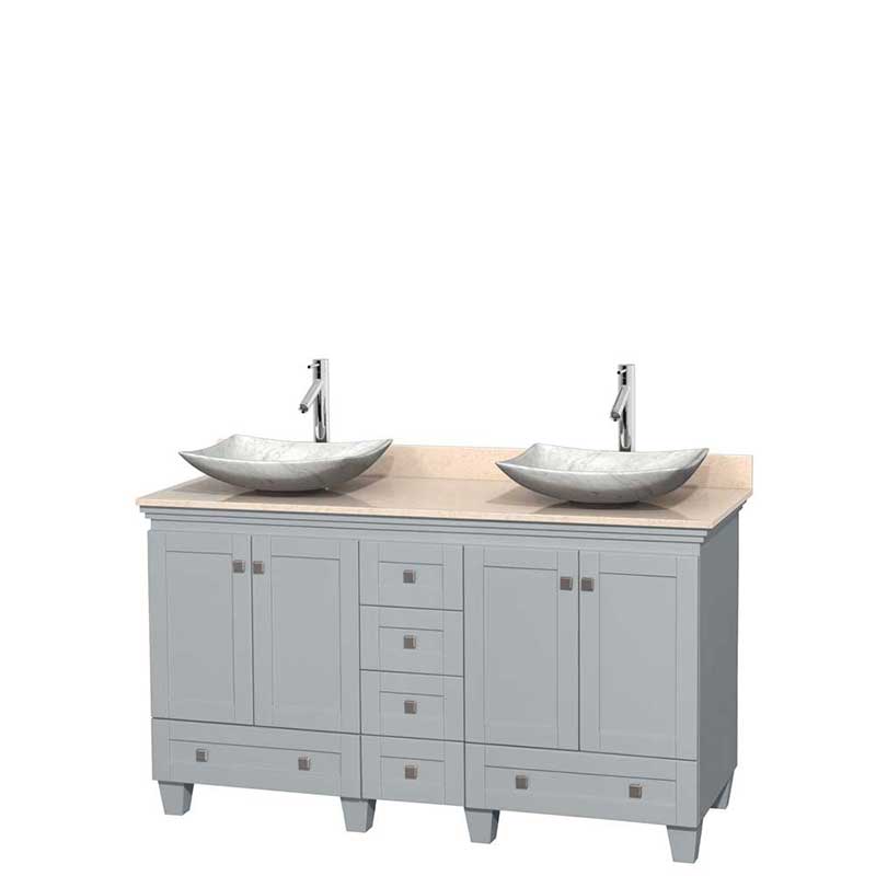 Acclaim 60" Double Bathroom Vanity in Oyster Gray, Ivory Marble Countertop, Arista White Carrera Marble Sinks and No Mirrors