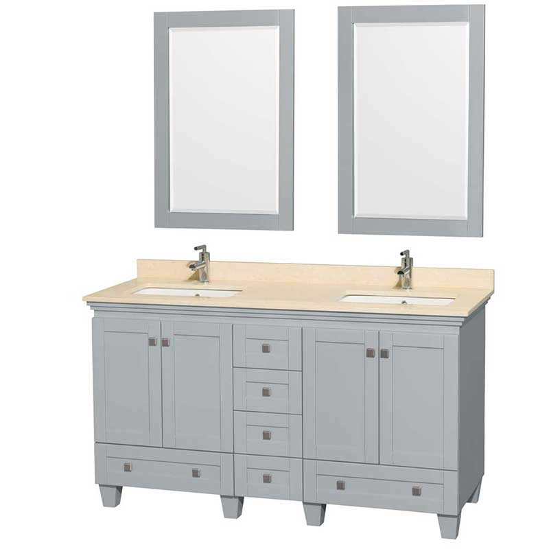 Acclaim 60" Double Bathroom Vanity in Oyster Gray, Ivory Marble Countertop, Undermount Square Sinks and 24" Mirrors