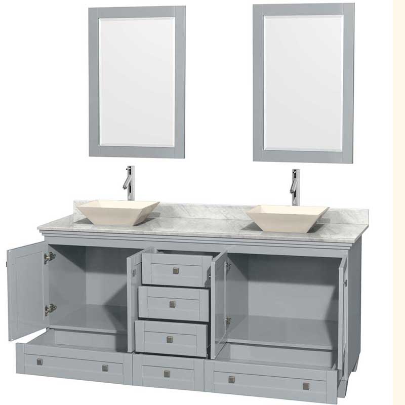 Acclaim 72" Double Bathroom Vanity in Oyster Gray, White Carrera Marble Countertop, Pyra Bone Porcelain Sinks and 24" Mirrors 2