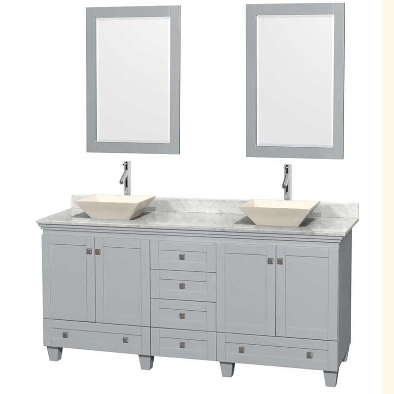 Acclaim 72" Double Bathroom Vanity in Oyster Gray, White Carrera Marble Countertop, Pyra Bone Porcelain Sinks and 24" Mirrors
