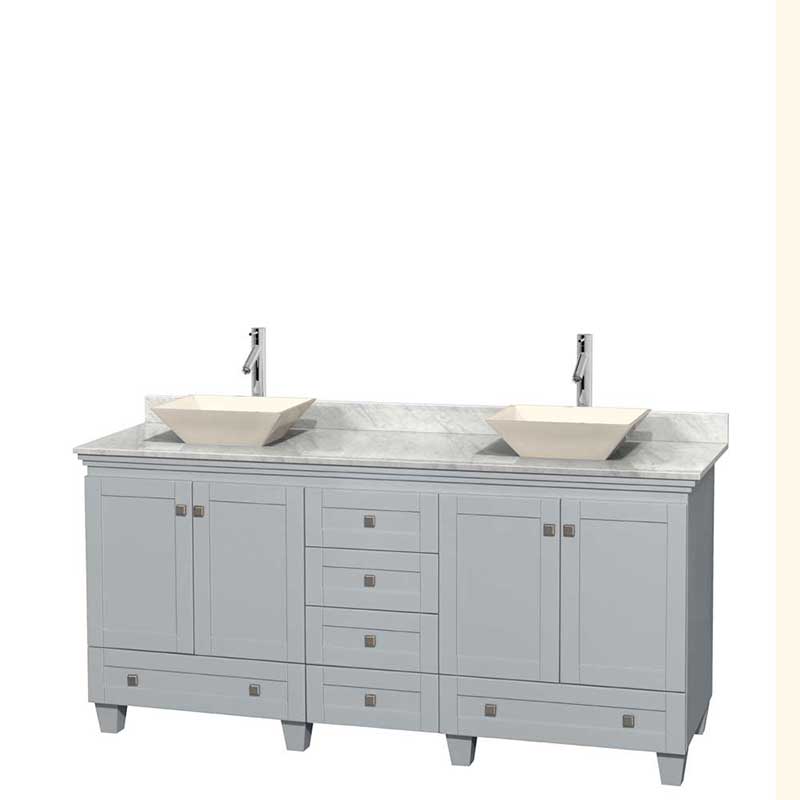 Acclaim 72" Double Bathroom Vanity in Oyster Gray, White Carrera Marble Countertop, Pyra Bone Porcelain Sinks and No Mirrors