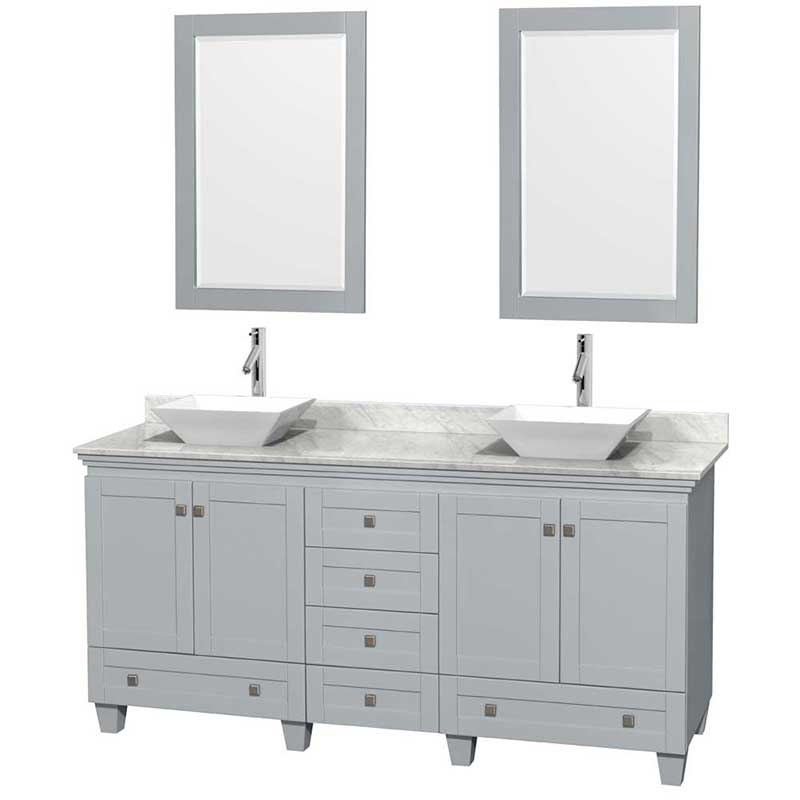 Acclaim 72" Double Bathroom Vanity in Oyster Gray, White Carrera Marble Countertop, Pyra White Porcelain Sinks and 24" Mirrors