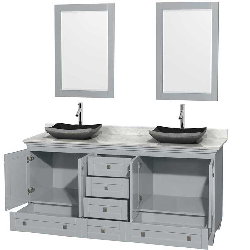Acclaim 72" Double Bathroom Vanity in Oyster Gray, White Carrera Marble Countertop, Altair Black Granite Sinks and 24" Mirrors 2