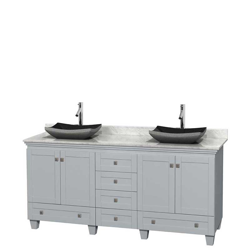 Acclaim 72" Double Bathroom Vanity in Oyster Gray, White Carrera Marble Countertop, Altair Black Granite Sinks and No Mirrors