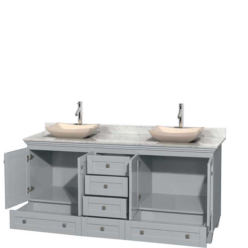 Acclaim 72" Double Bathroom Vanity in Oyster Gray, White Carrera Marble Countertop, Avalon Ivory Marble Sinks and No Mirrors 2