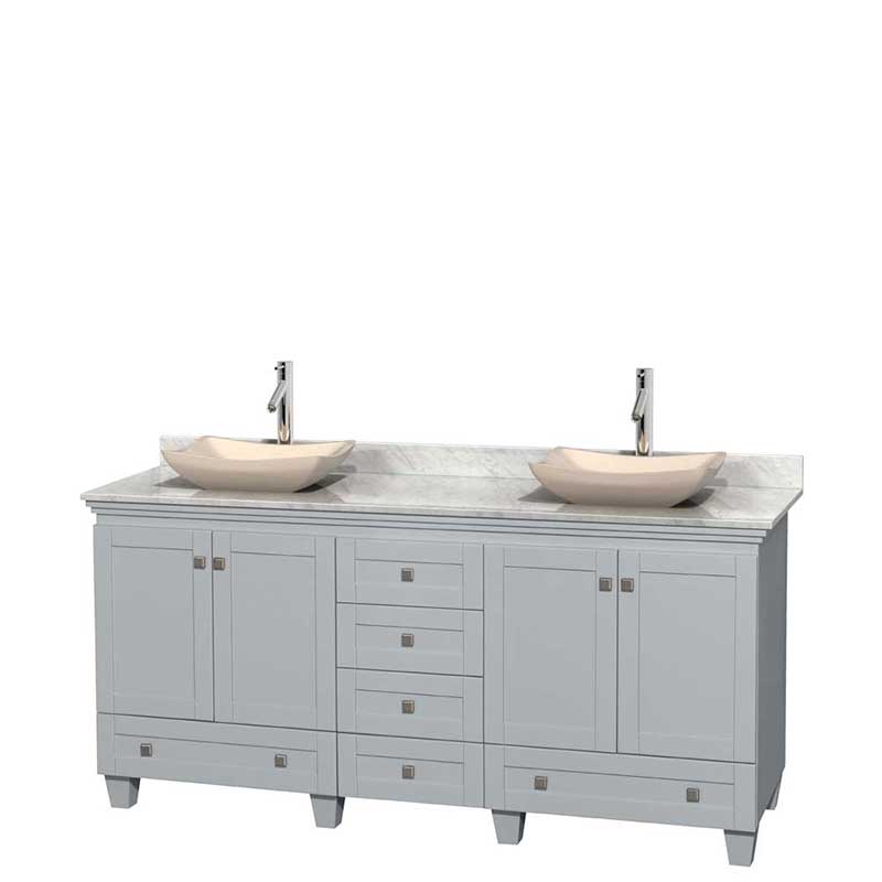 Acclaim 72" Double Bathroom Vanity in Oyster Gray, White Carrera Marble Countertop, Avalon Ivory Marble Sinks and No Mirrors