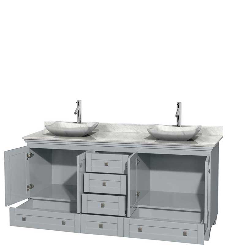 Acclaim 72" Double Bathroom Vanity in Oyster Gray, White Carrera Marble Countertop, Avalon White Carrera Marble Sinks and No Mirrors 2