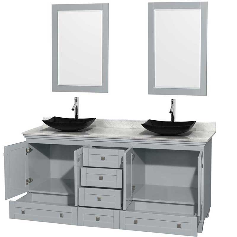 Acclaim 72" Double Bathroom Vanity in Oyster Gray, White Carrera Marble Countertop, Arista Black Granite Sinks and 24" Mirrors 2