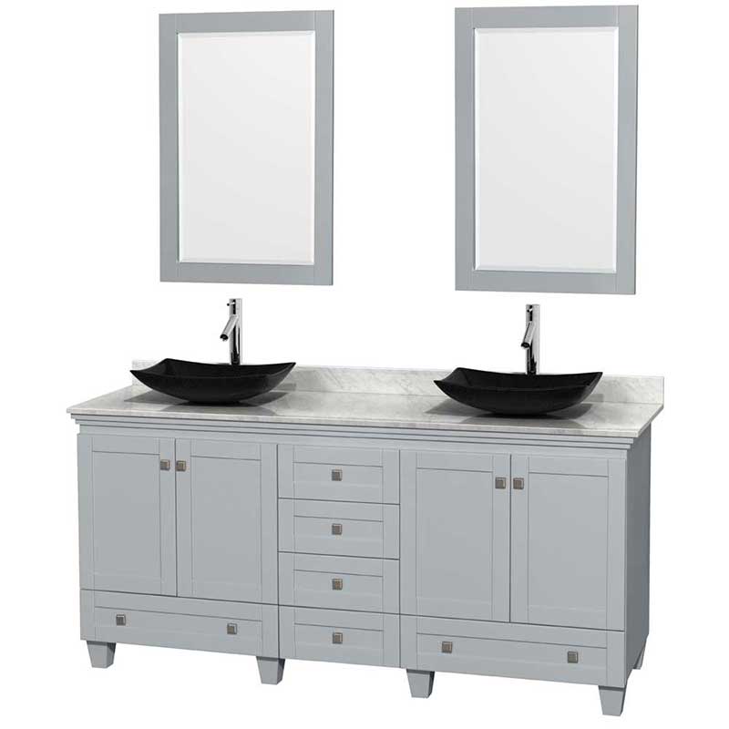 Acclaim 72" Double Bathroom Vanity in Oyster Gray, White Carrera Marble Countertop, Arista Black Granite Sinks and 24" Mirrors