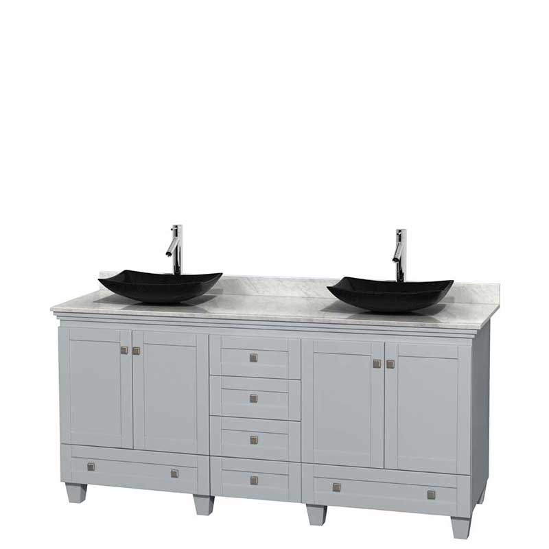 Acclaim 72" Double Bathroom Vanity in Oyster Gray, White Carrera Marble Countertop, Arista Black Granite Sinks and No Mirrors