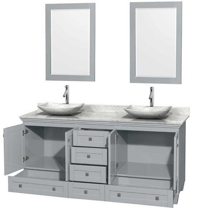 Acclaim 72" Double Bathroom Vanity in Oyster Gray, White Carrera Marble Countertop, Arista White Carrera Marble Sinks and 24" Mirrors 2