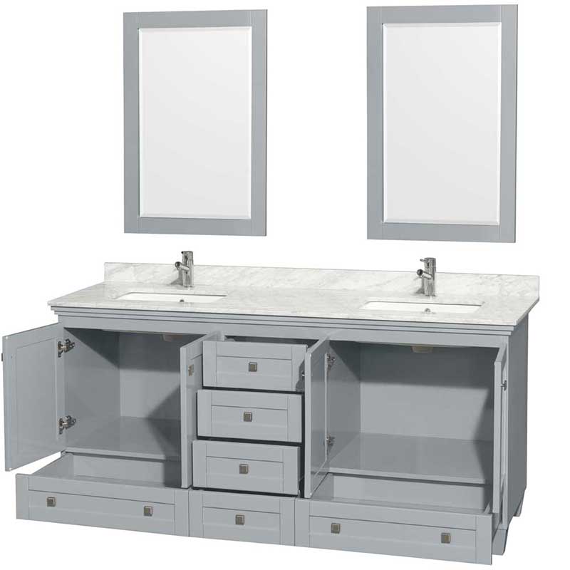 Acclaim 72" Double Bathroom Vanity in Oyster Gray, White Carrera Marble Countertop, Undermount Square Sinks and 24" Mirrors 2