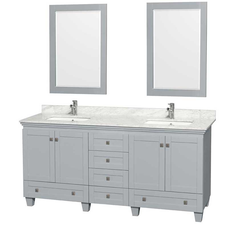 Acclaim 72" Double Bathroom Vanity in Oyster Gray, White Carrera Marble Countertop, Undermount Square Sinks and 24" Mirrors
