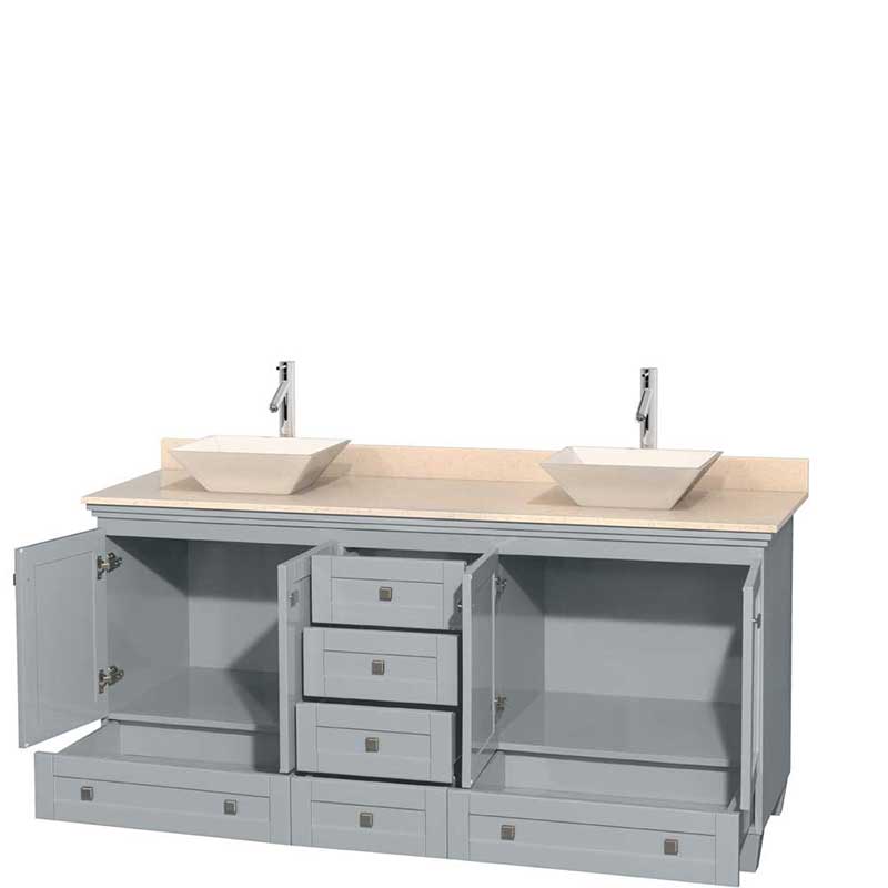 Acclaim 72" Double Bathroom Vanity in Oyster Gray, Ivory Marble Countertop, Pyra Bone Porcelain Sinks and No Mirrors 2