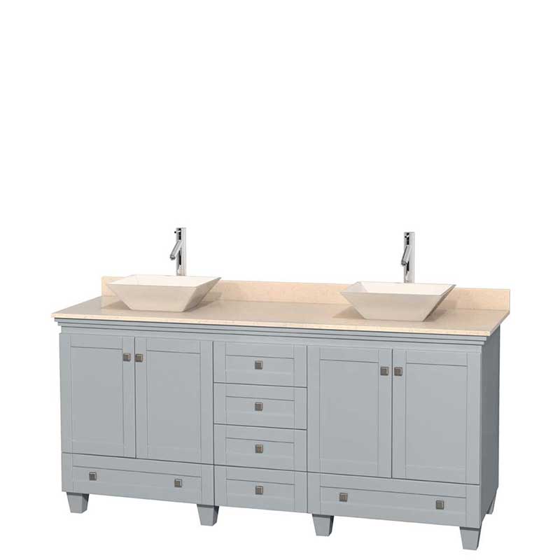 Acclaim 72" Double Bathroom Vanity in Oyster Gray, Ivory Marble Countertop, Pyra Bone Porcelain Sinks and No Mirrors