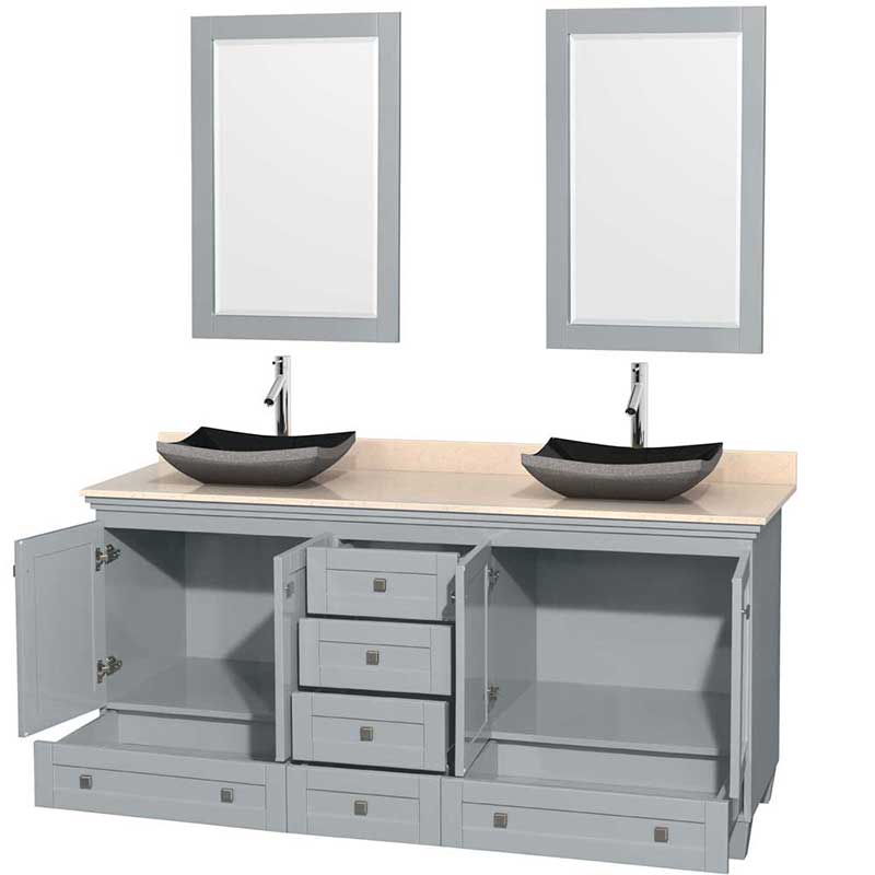 Acclaim 72" Double Bathroom Vanity in Oyster Gray, Ivory Marble Countertop, Altair Black Granite Sinks and 24" Mirrors 2