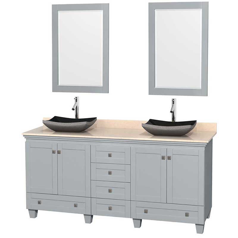 Acclaim 72" Double Bathroom Vanity in Oyster Gray, Ivory Marble Countertop, Altair Black Granite Sinks and 24" Mirrors