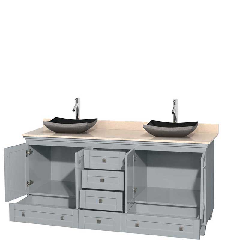 Acclaim 72" Double Bathroom Vanity in Oyster Gray, Ivory Marble Countertop, Altair Black Granite Sinks and No Mirrors 2