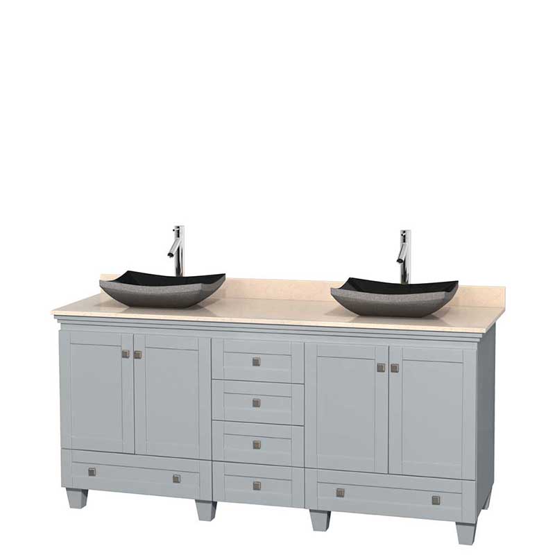 Acclaim 72" Double Bathroom Vanity in Oyster Gray, Ivory Marble Countertop, Altair Black Granite Sinks and No Mirrors