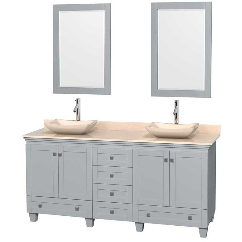 Acclaim 72" Double Bathroom Vanity in Oyster Gray, Ivory Marble Countertop, Avalon Ivory Marble Sinks and 24" Mirrors