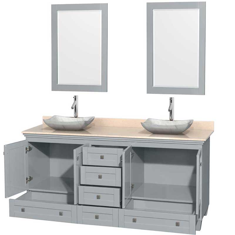 Acclaim 72" Double Bathroom Vanity in Oyster Gray, Ivory Marble Countertop, Avalon White Carrera Marble Sinks and 24" Mirrors 2