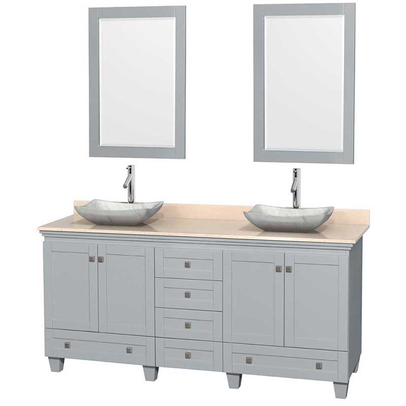 Acclaim 72" Double Bathroom Vanity in Oyster Gray, Ivory Marble Countertop, Avalon White Carrera Marble Sinks and 24" Mirrors