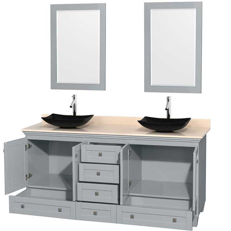 Acclaim 72" Double Bathroom Vanity in Oyster Gray, Ivory Marble Countertop, Arista Black Granite Sinks and 24" Mirrors 2